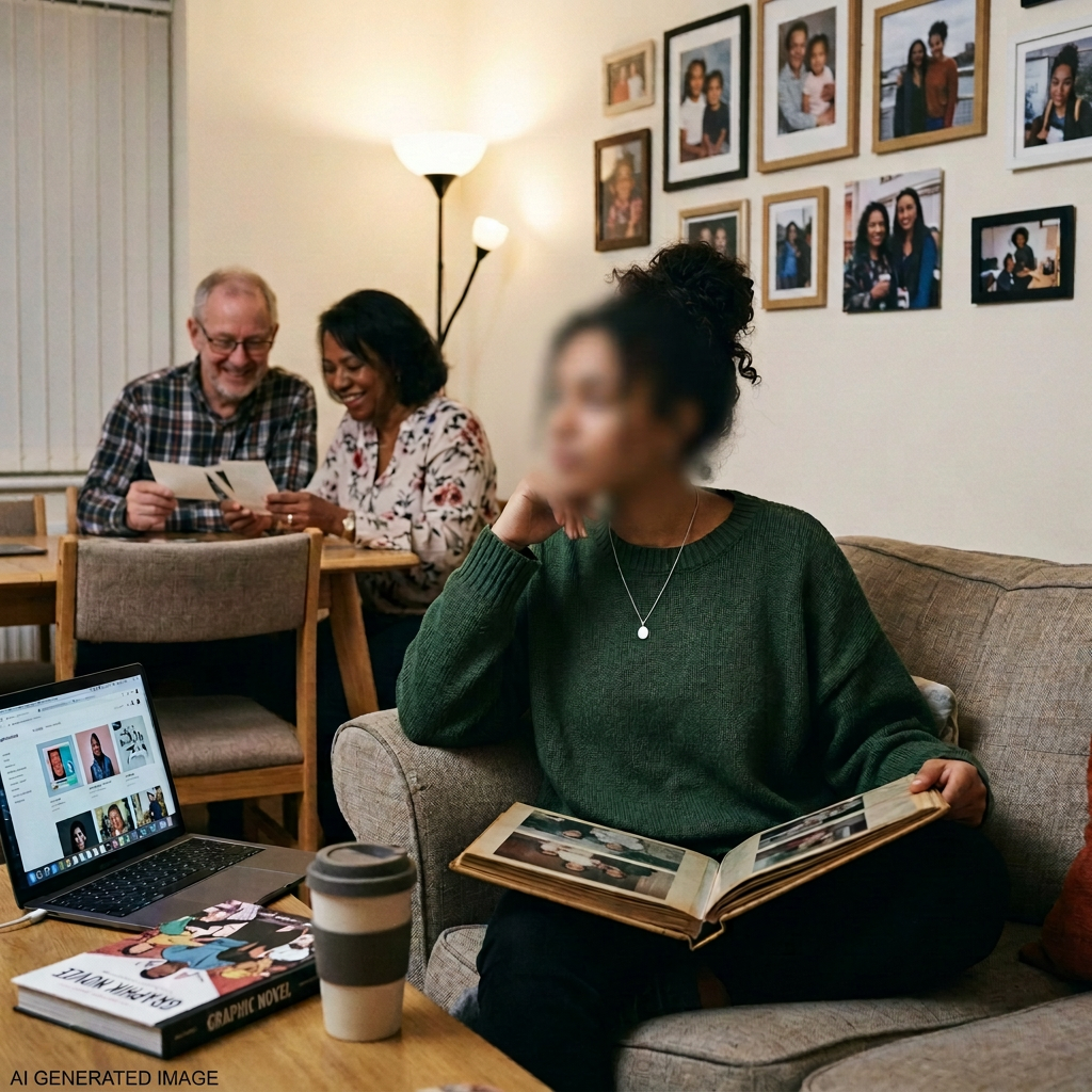 Parents Raised Me: A young woman sits with her relatives, flipping through a photo album, surrounded by framed family pictures that tell their shared story.