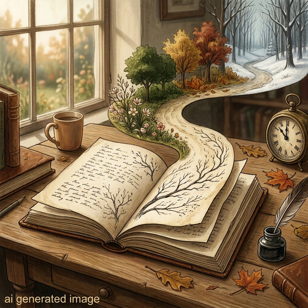 Relive one year on the past, open illustrated journal beside coffee, clock, books, and a seasonal woodland path