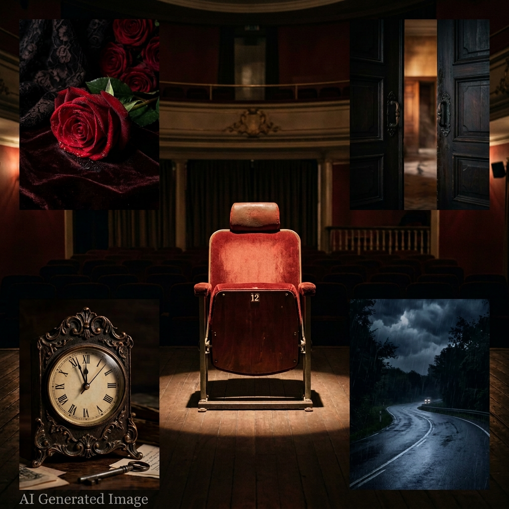 Annoying Trope: empty theater seat surrounded by roses, clock, open doors, and stormy road