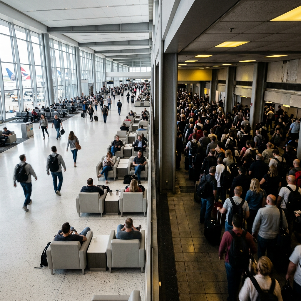 Bright airport terminal beside a crowded boarding area