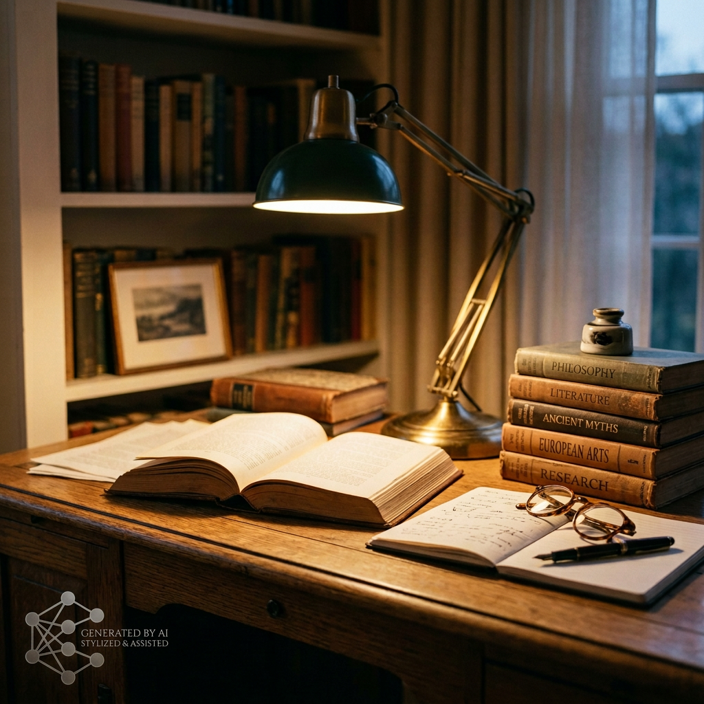Open book, handwritten notebook, glasses, and stacked books on a desk