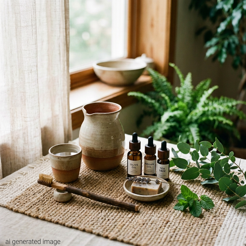Olive oil, argan oil, and tea tree bottles with ceramics, soap, and greenery for self-care