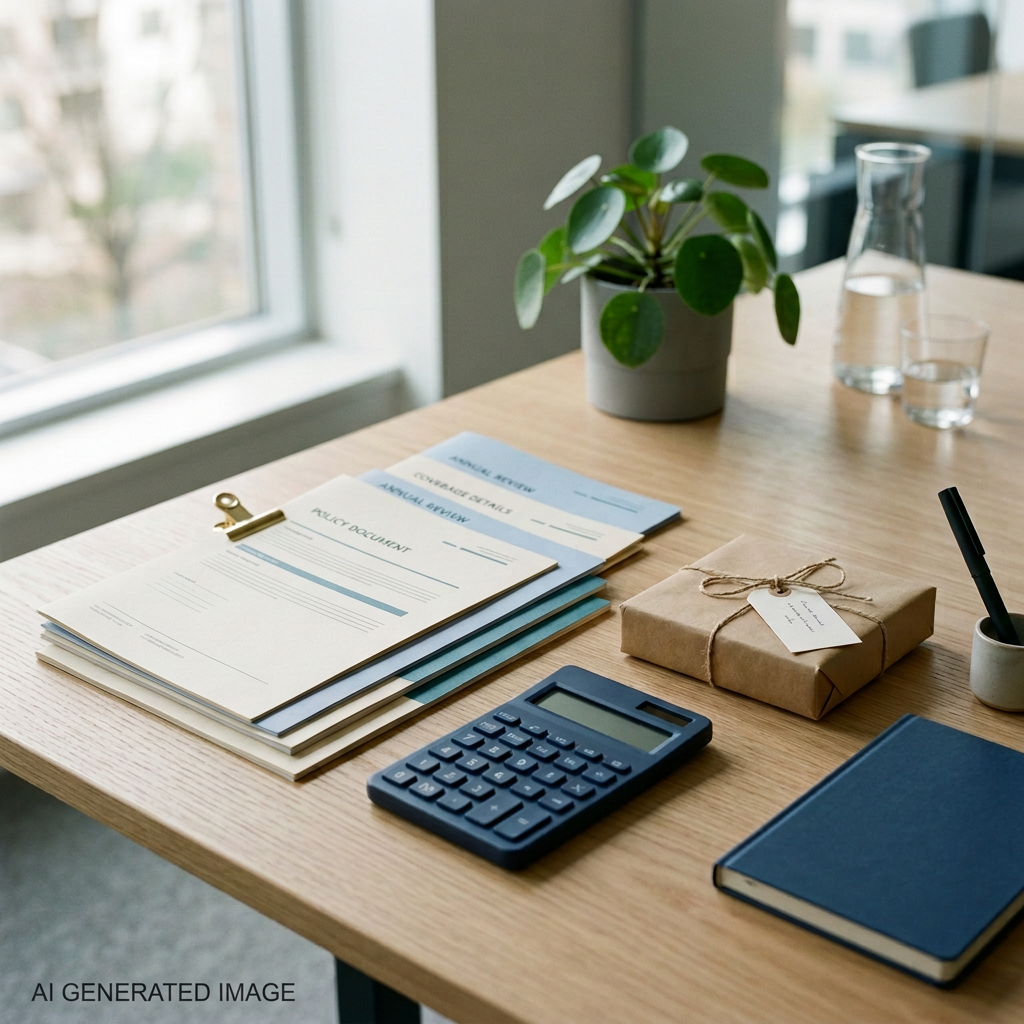 Desk with financial documents, calculator, wrapped package, notebook, plant, and water carafe for refund policy