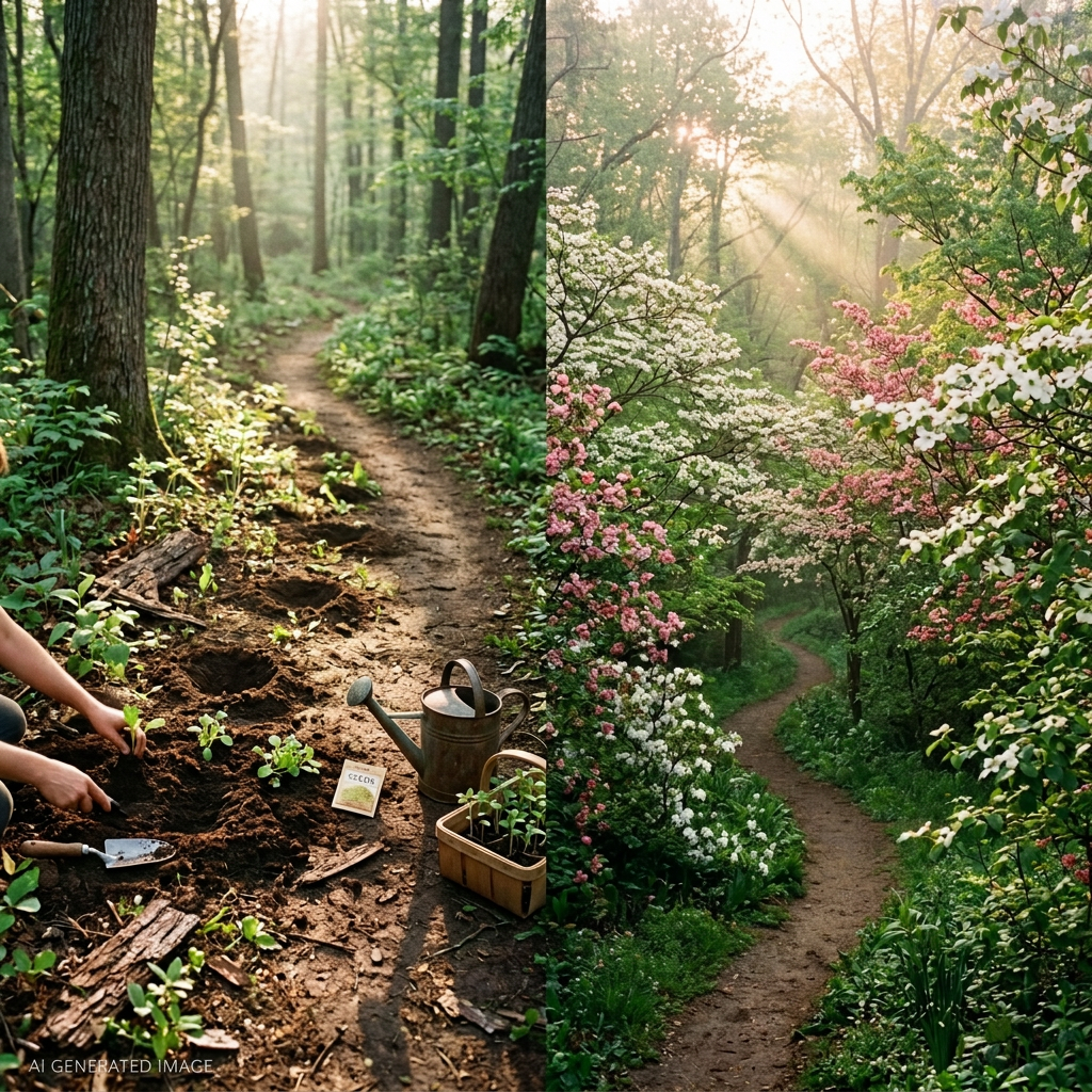 Split scene of planting seedlings in a forest and a flowering garden path is actually karma