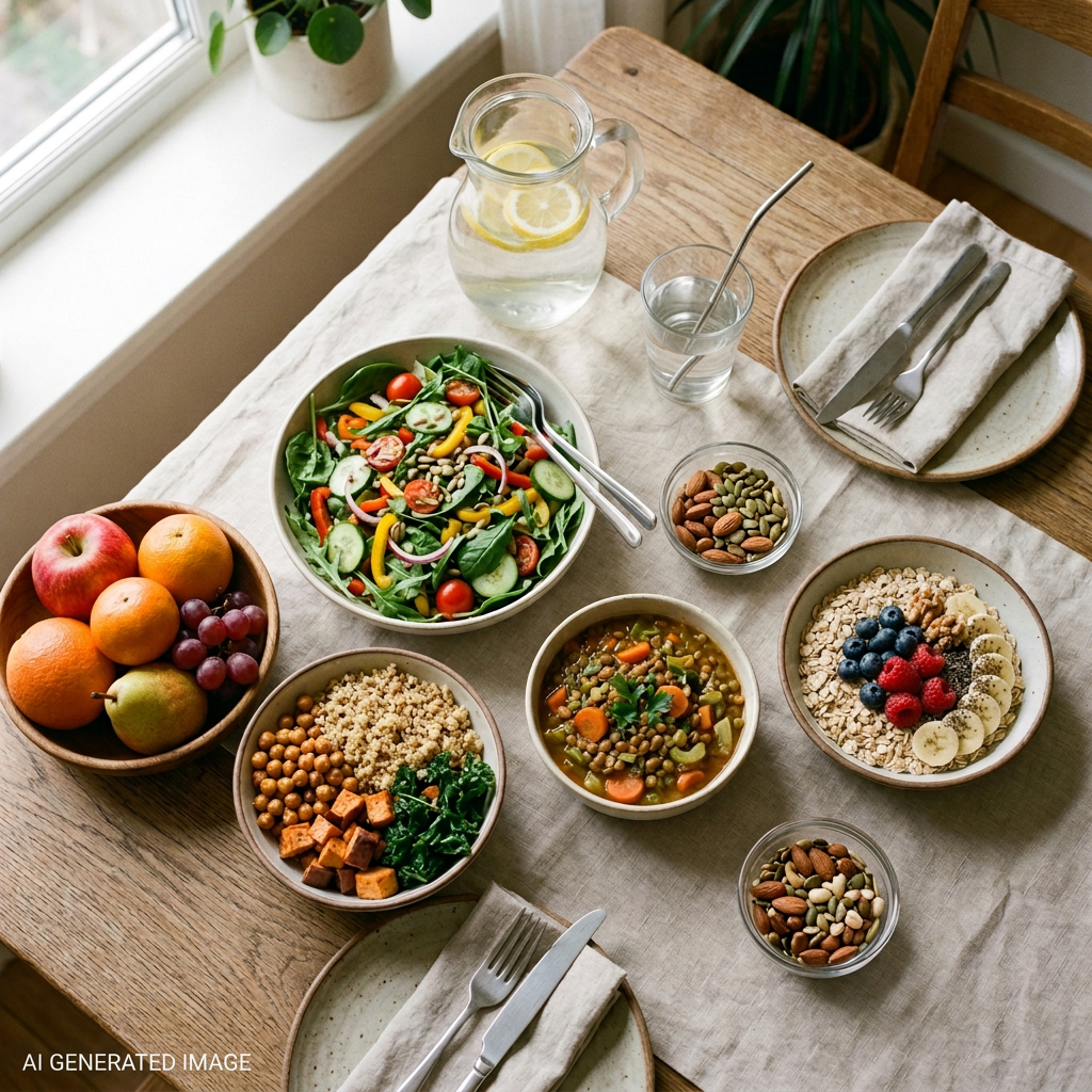 Basic Eating Healthy: Habits: Plant-based meal spread with salad, soup, grains, fruit, nuts, and oatmeal