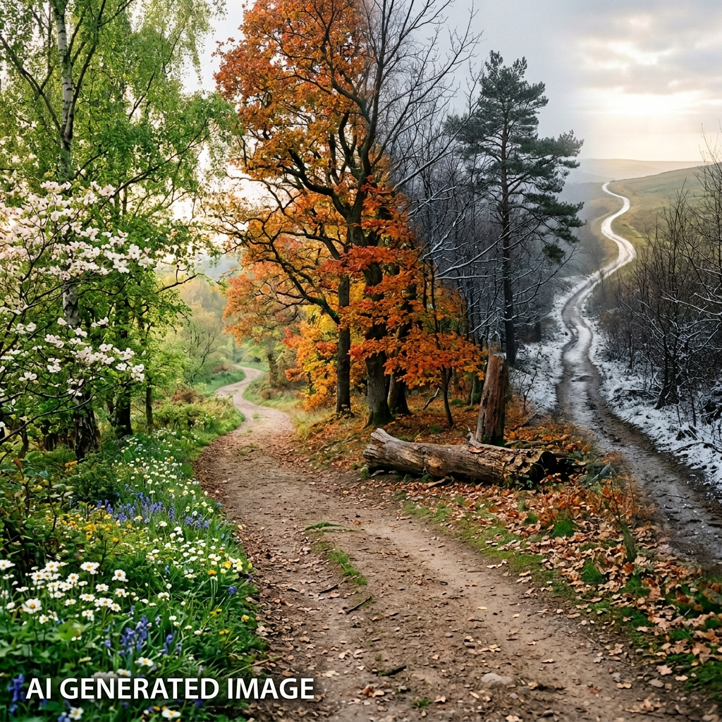 Winding trail through a landscape showing spring, summer, autumn, and winter