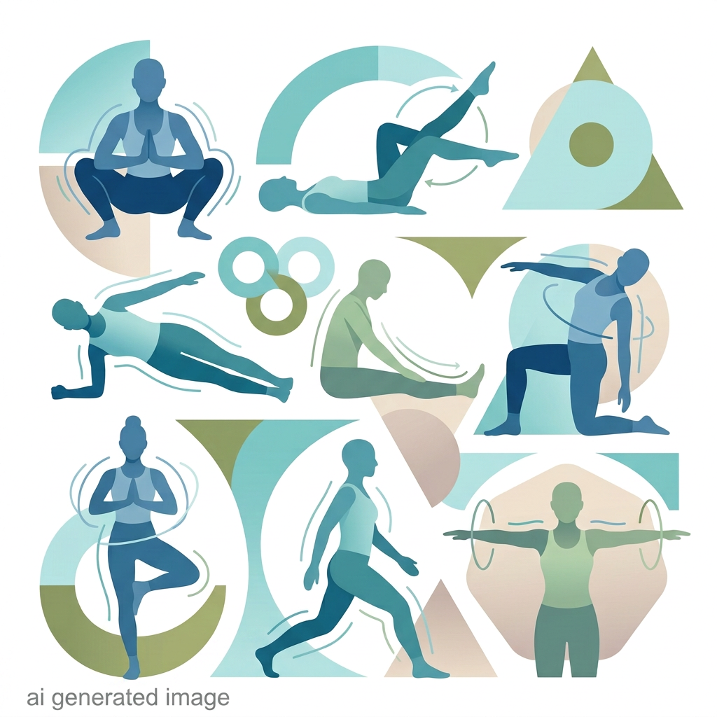Illustration of diverse figures demonstrating yoga poses and movement from basic exercises