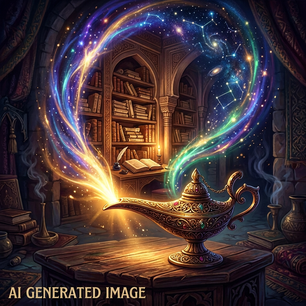 Ornate genie lamp releasing colorful magical light in a candlelit library