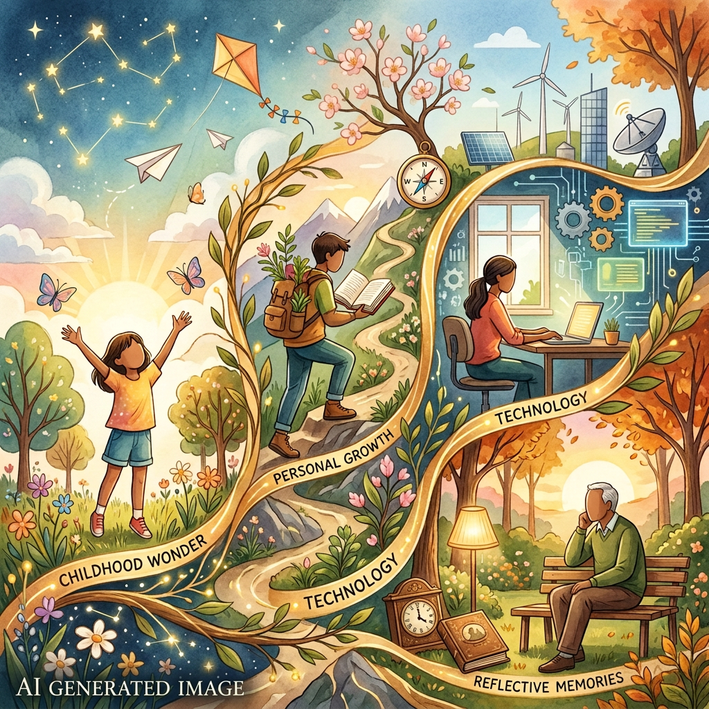 Illustrated life journey labeled CHILDHOOD WONDER, PERSONAL GROWTH, TECHNOLOGY, TECHNOLOGY, and REFLECTIVE MEMORIES- moment of life