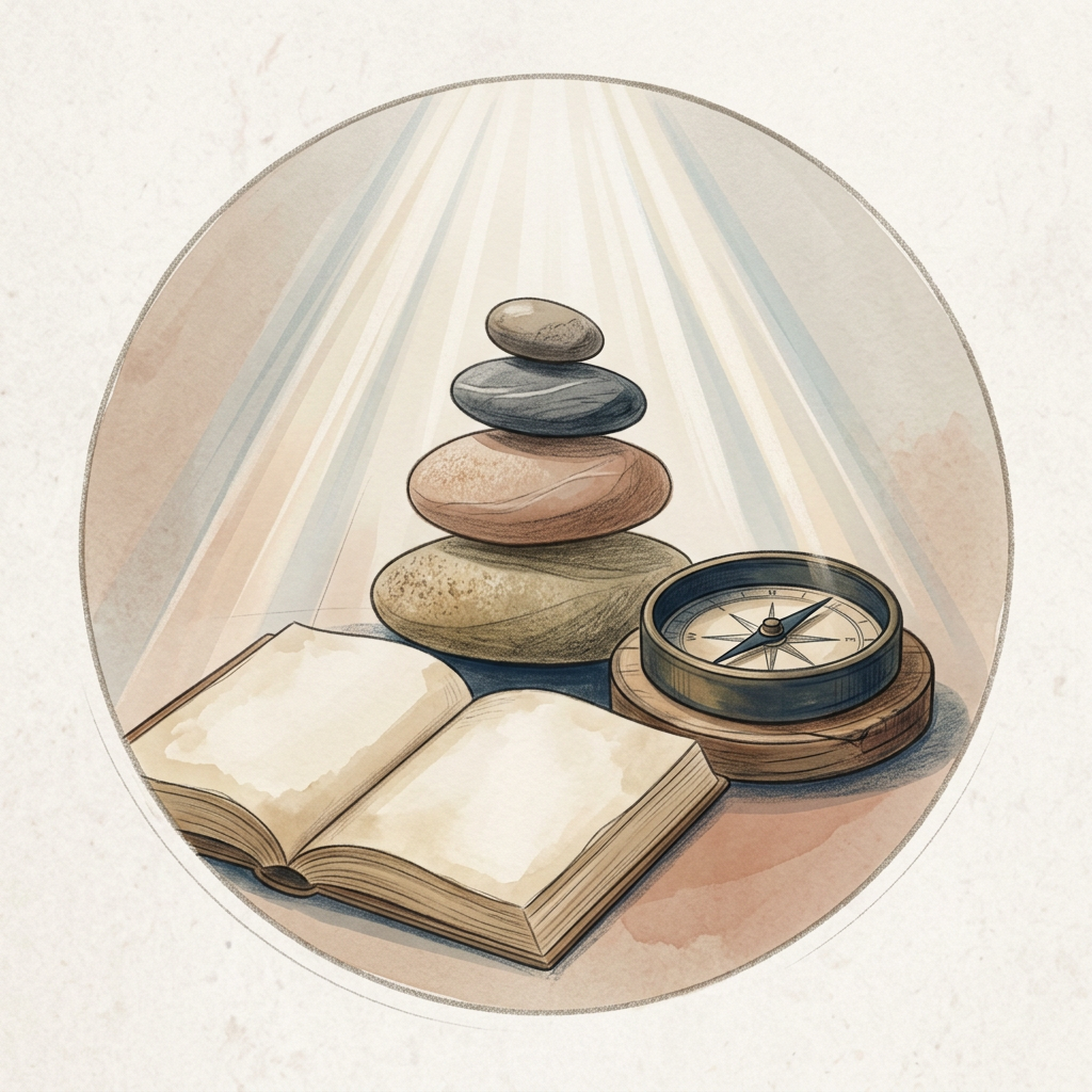Open book, stacked stones, and compass beneath rays of light on personal philosophy