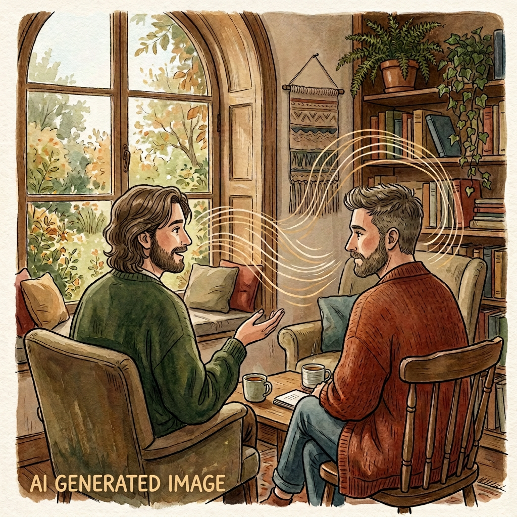 Two men converse over coffee in a cozy, plant-filled room; one of them using underrated life skill listening.