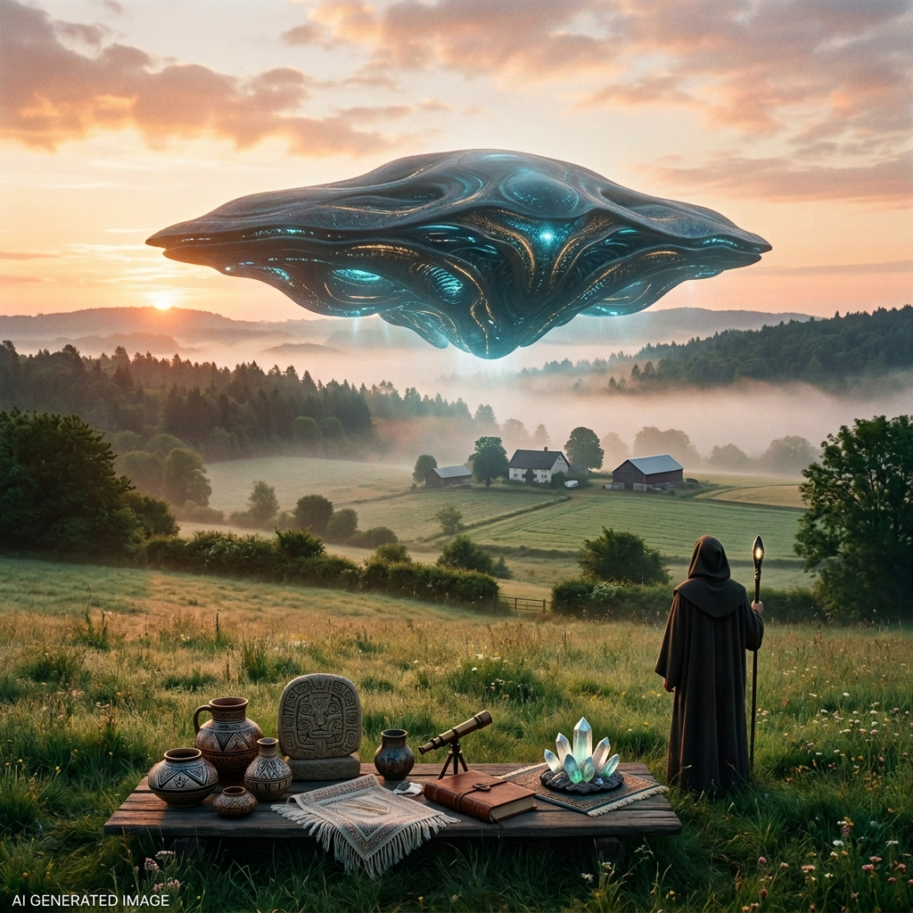 Hooded traveler with staff facing a glowing spacecraft over a rural valley in aliens arrived