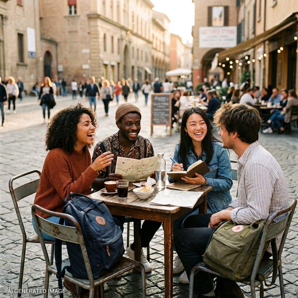 Meet new people: Four friends studying maps and talking at an outdoor café