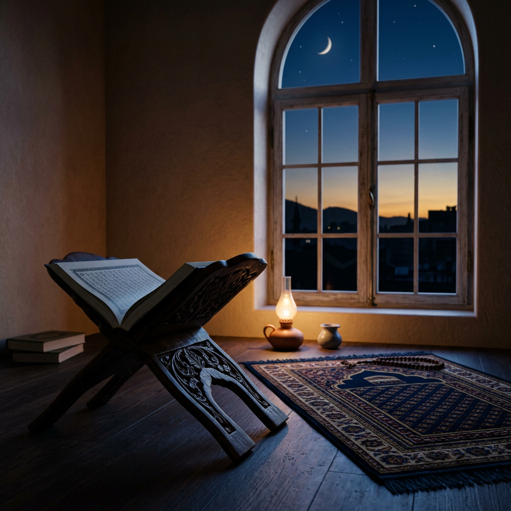 Morning time, Open Quran on wooden stand beside prayer rug at twilight
