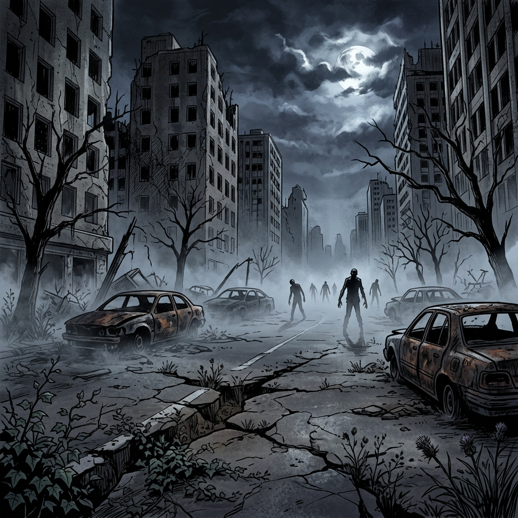 Weirdest Movie: Ruined city street with abandoned cars and shadowy figures under a full moon