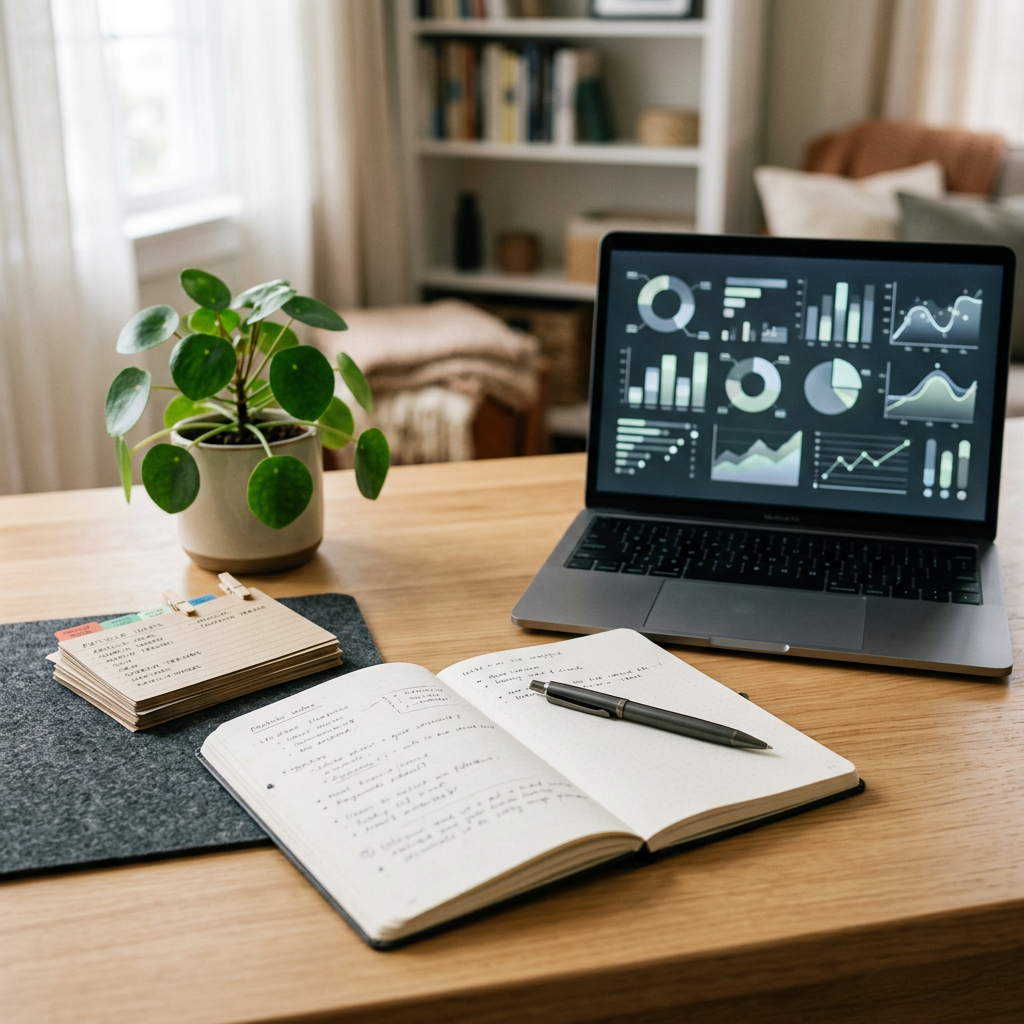 Laptop showing analytics dashboards beside an open notebook, pen, and potted plant for making strategy for SEO