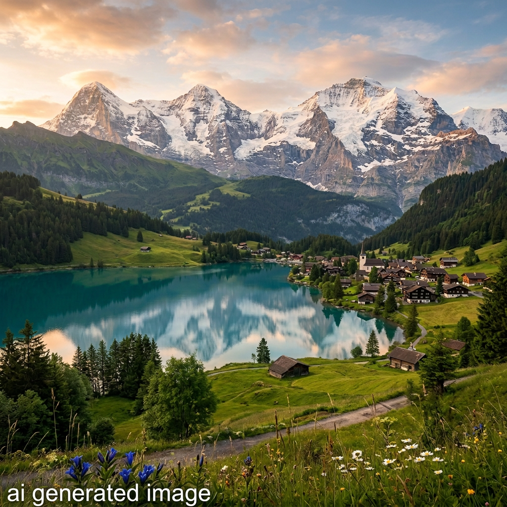 Top Country: Swiss village beside a turquoise lake with snow-capped Alpine mountains