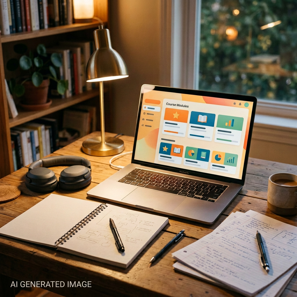 Best Online Courses: Laptop displaying Course Modules beside notebooks, headphones, lamp, and coffee