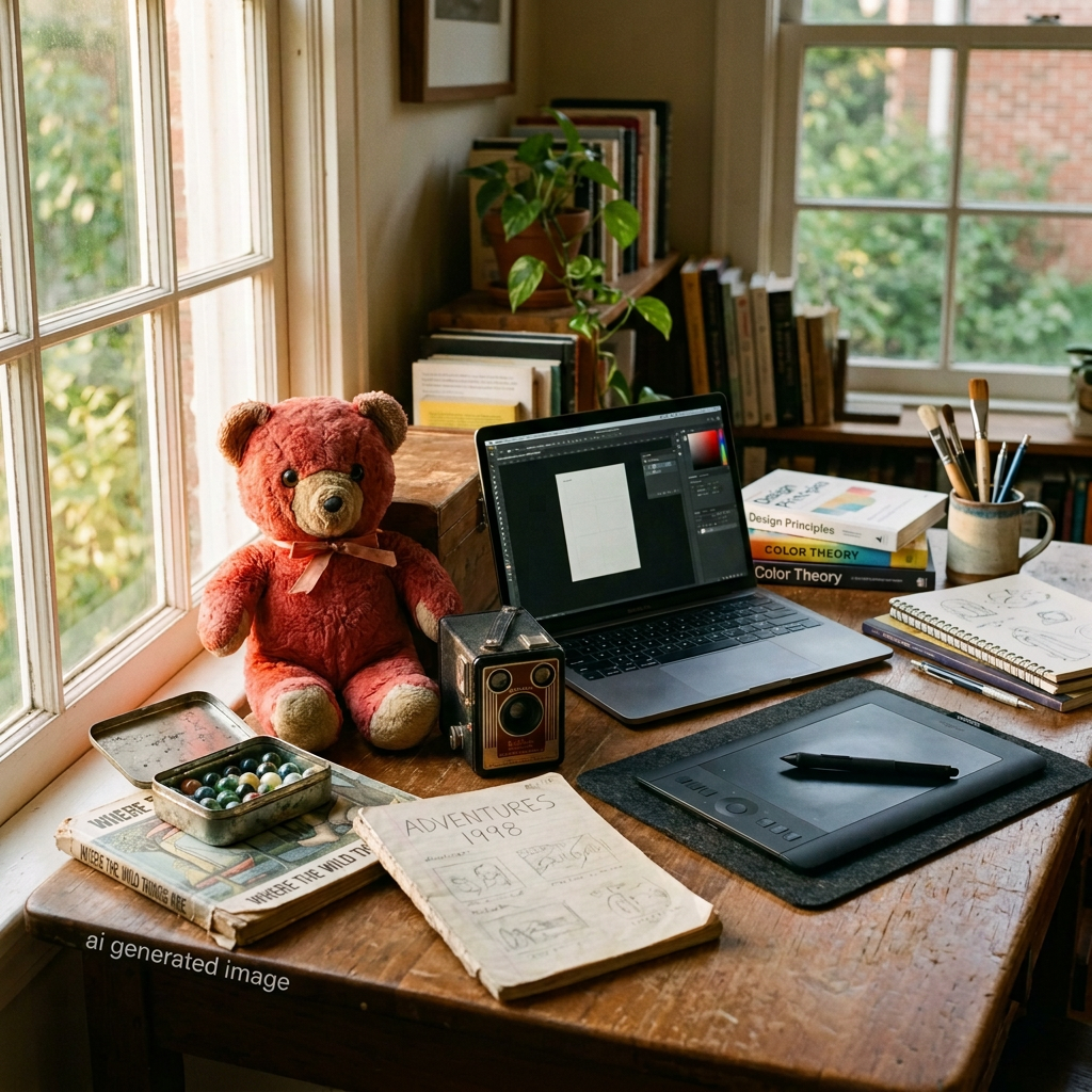Past Time: Sunlit desk with laptop, graphics tablet, sketchbooks, books, and teddy bear