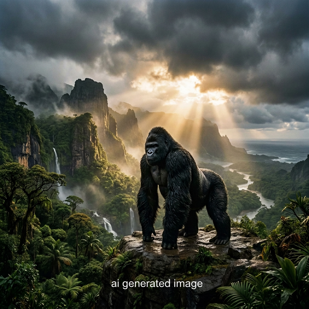 Most Underrated Movie: Gorilla standing on a rock above a jungle valley with waterfalls