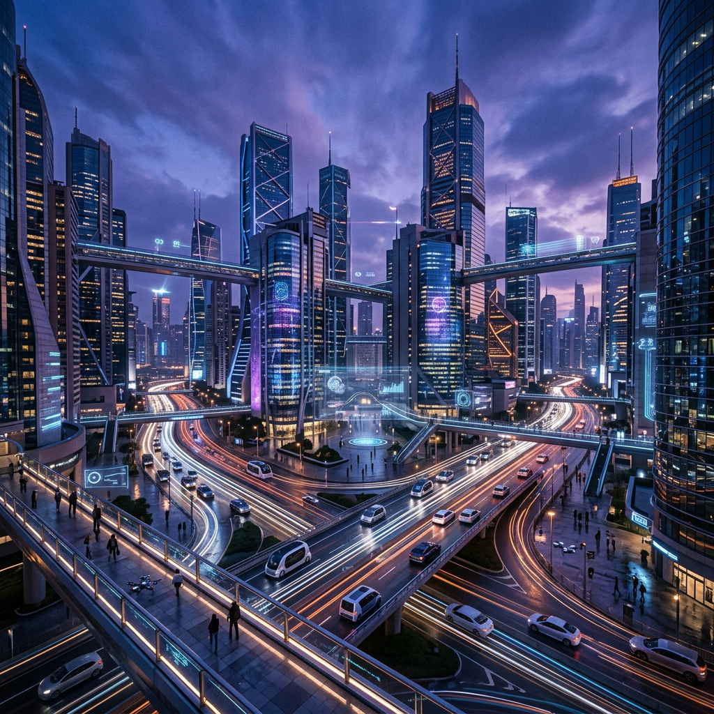 Future of AI: Futuristic city skyline with illuminated skyscrapers and multilayered highways