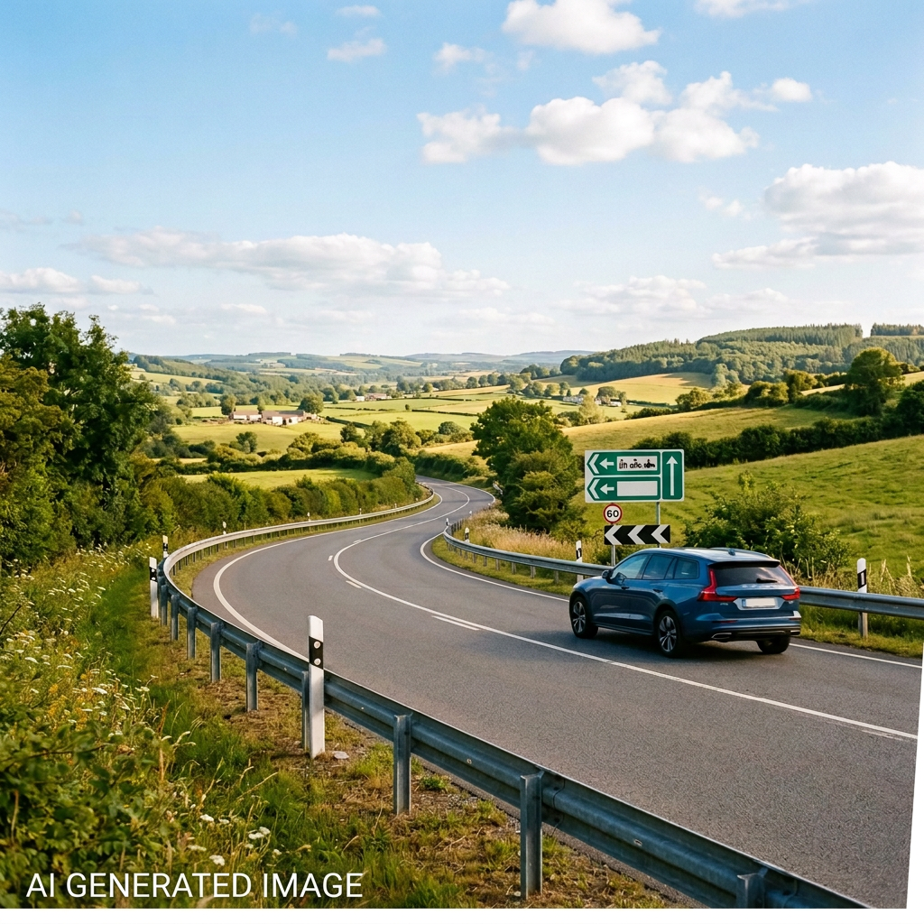 Travel Advice: Blue car driving along a winding rural road past directional signs