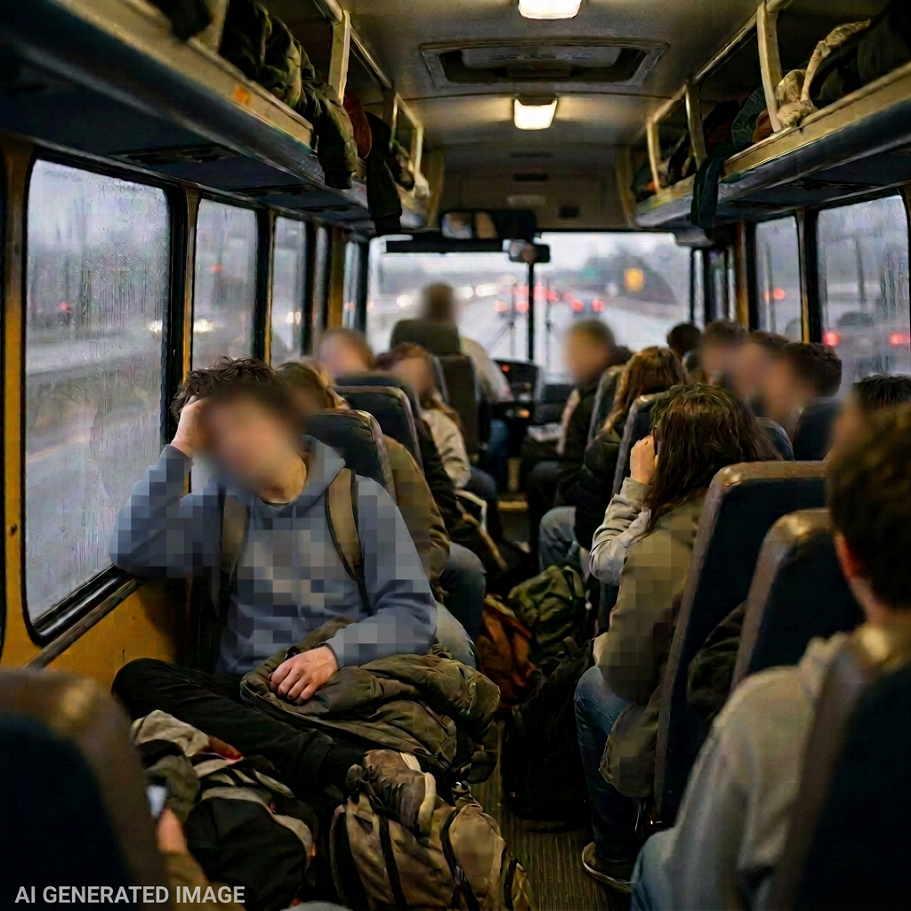 Worst Travel Experience: Passengers seated inside a crowded bus on a rainy day