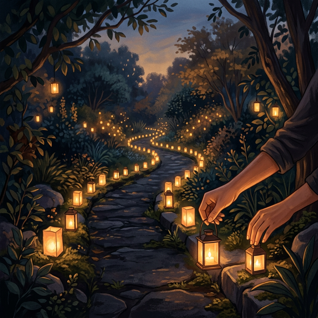 Life Philosophy: Person placing a glowing lantern along a winding forest path at twilight